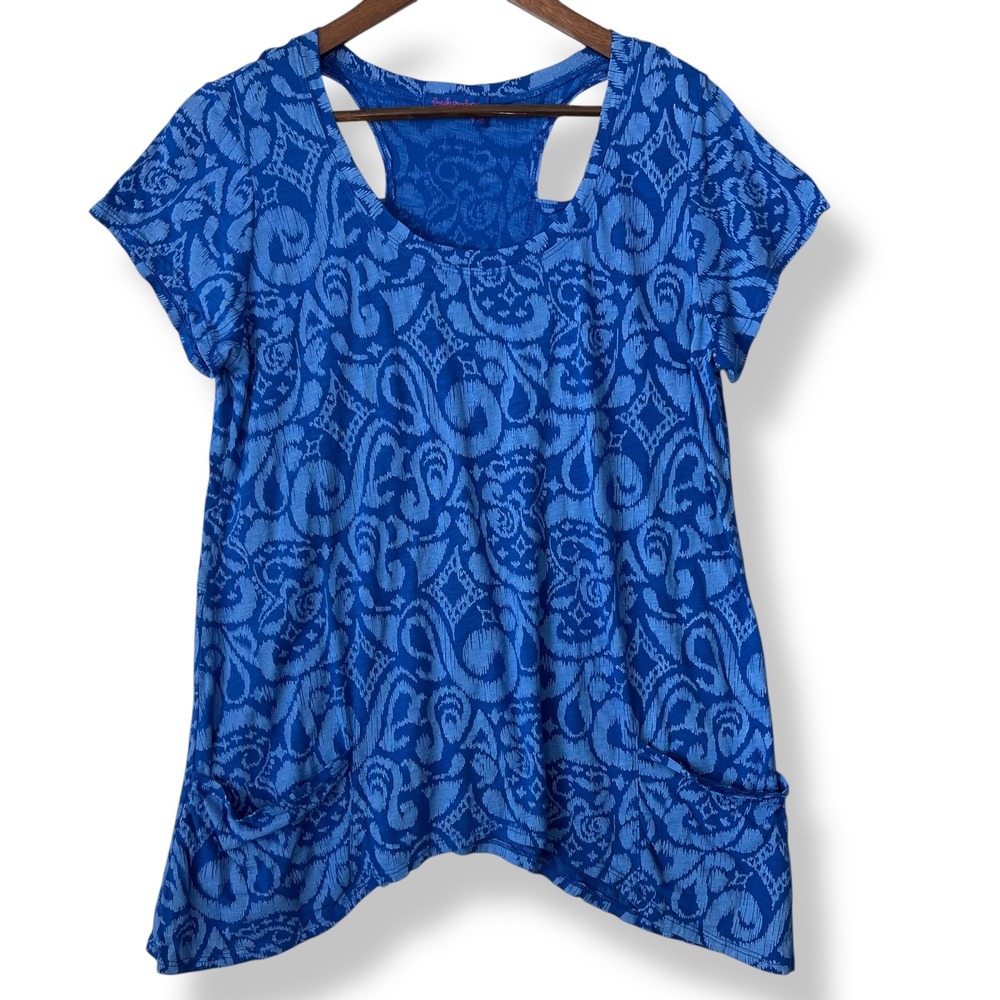 Fresh Produce Tunic Top M Blue 100% Cotton Pockets Cutout Back Sharkbite Beach